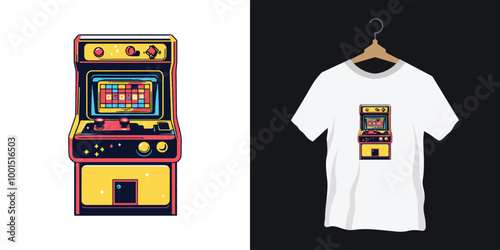 A colorful vector illustration of a vintage arcade machine gaming t-shirt design