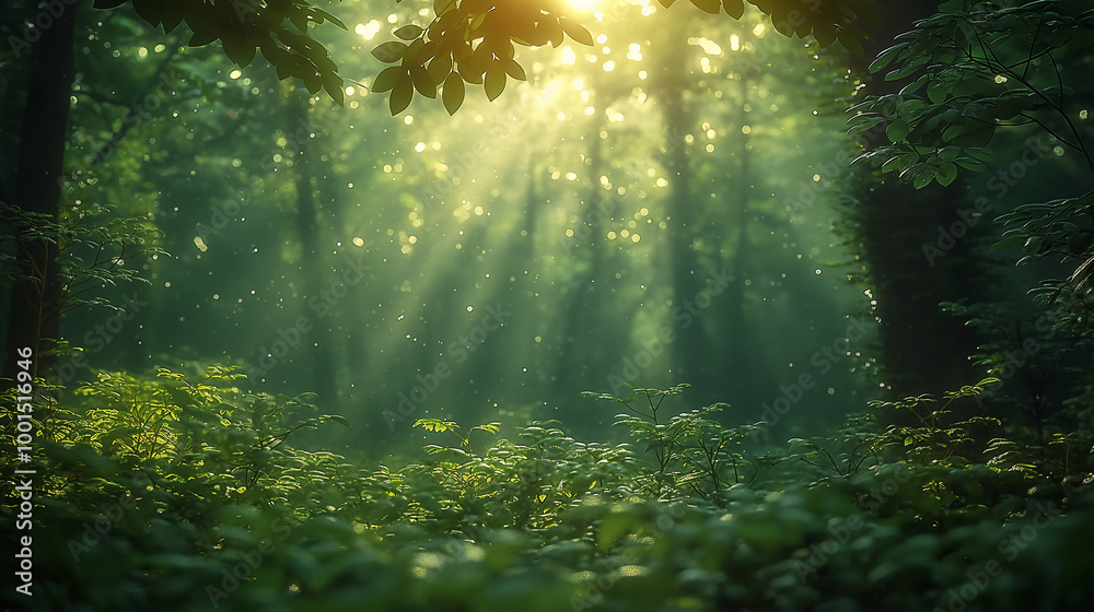Beautiful serene forest with lush green foliage and sunlight filtering through trees and leaves Beautiful serene forest with lush green foliage and sunlight filtering through trees and leaves