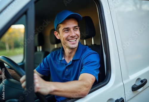 Smiling Young Man in Delivery Van Ready for Work
