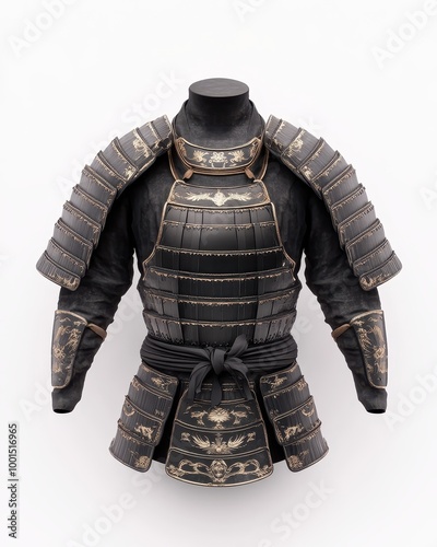 A black and gold samurai armor is displayed on a white background