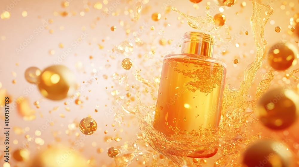 An abstract 3D depiction of a shampoo bottle surrounded by floating liquid shapes and shimmering golden particles in a soft gradient backdrop An abstract 3D depiction of a shampoo bottle surrounded by floating liquid shapes and shimmering golden particles in a soft gradient backdrop