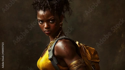 a fierce woman with a determined expression, wearing a yellow top and gold jewelry, carrying a backpack