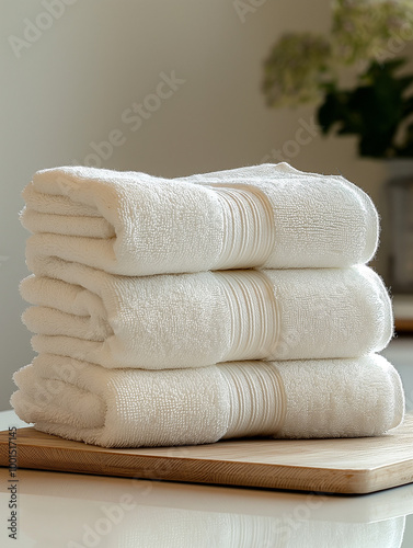 Wallpaper Mural Soft white towels neatly stacked and folded, ideal for bathroom hygiene and household cleaning Torontodigital.ca