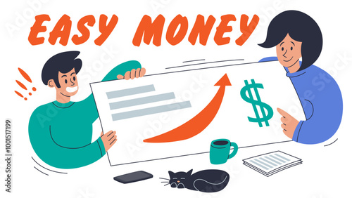 Easy money concept. Young man and woman presenting online course or digital product. Vector flat illustration isolated on white background