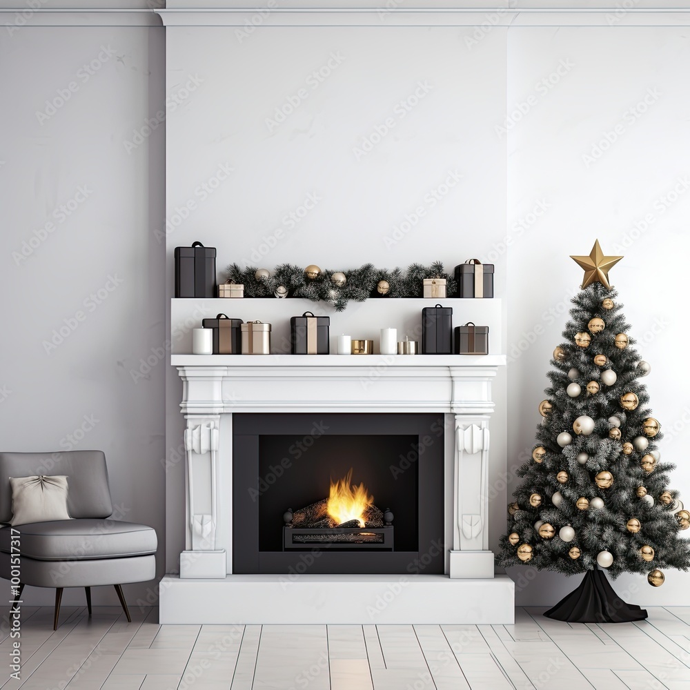 Elegant Christmas living room with a decorated fireplace Elegant Christmas living room with a decorated fireplace