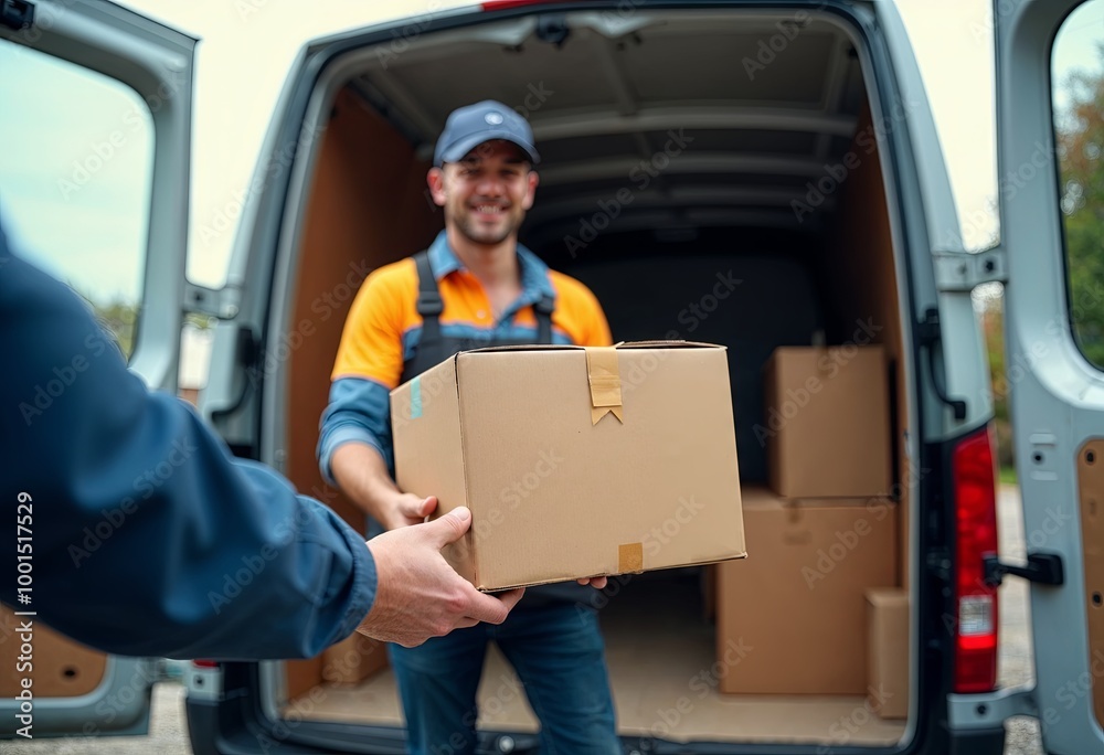 Young Delivery Person in Blue Uniform Holding Cardboard Box Beside Delivery Van Young Delivery Person in Blue Uniform Holding Cardboard Box Beside Delivery Van