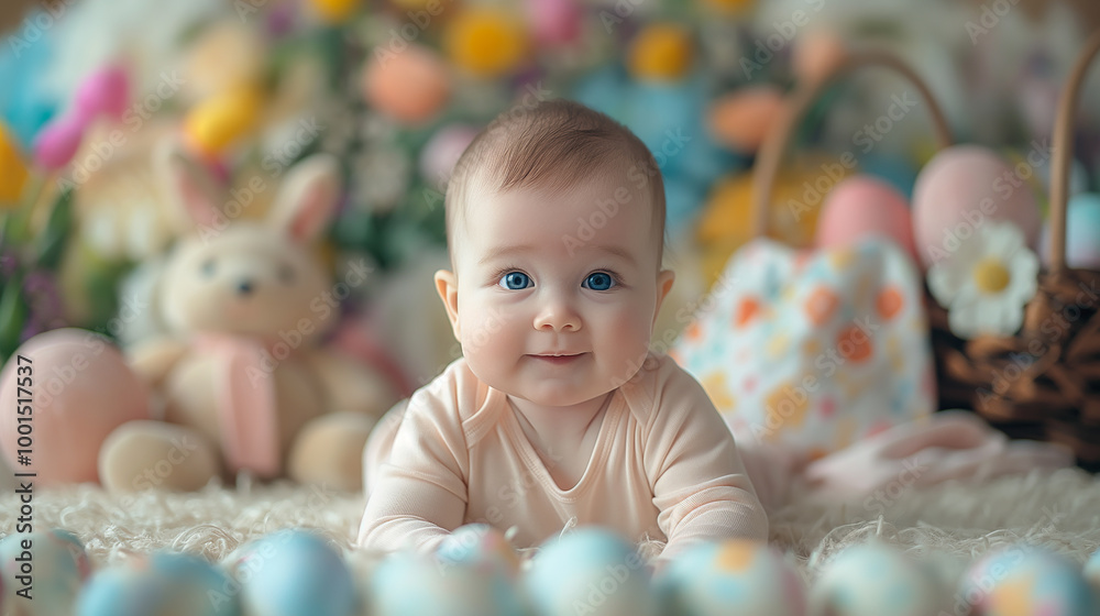 Cute baby with blue eyes surrounded by flowers and easter decorations including a bunny Cute baby with blue eyes surrounded by flowers and easter decorations including a bunny