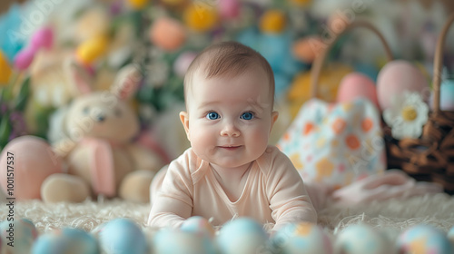 Cute baby with blue eyes surrounded by flowers and easter decorations including a bunny