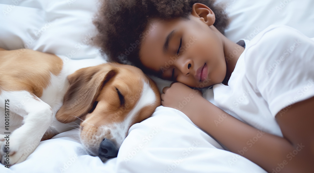 Child and dog sleeping together in bed, resting peacefully in a cozy nap with a beagle Child and dog sleeping together in bed, resting peacefully in a cozy nap with a beagle