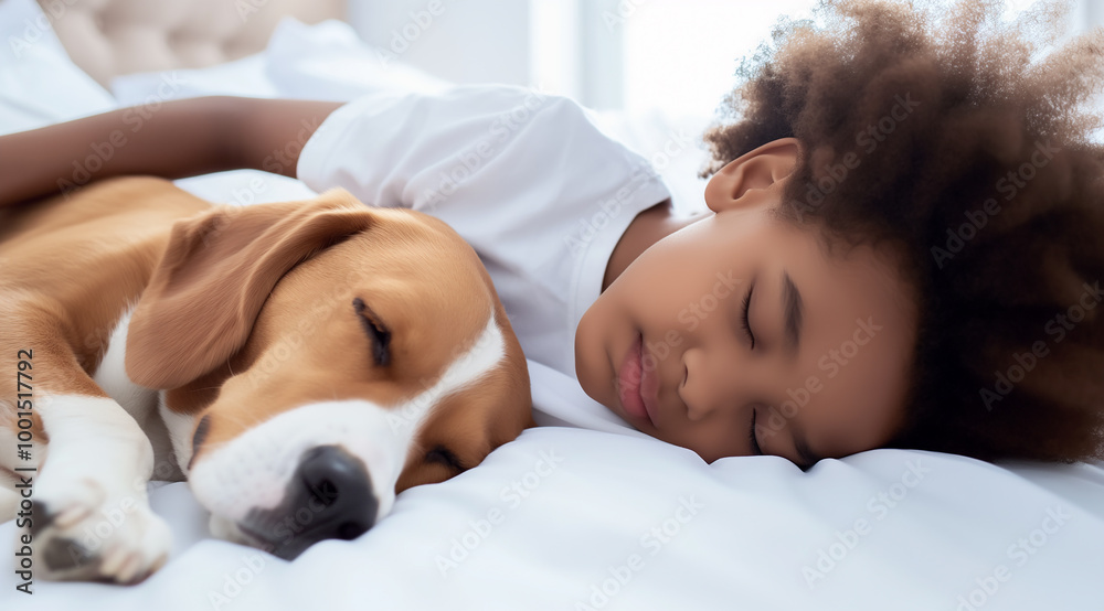 A cute child with an afro and a dog sleeping together in bed, napping and resting peacefully A cute child with an afro and a dog sleeping together in bed, napping and resting peacefully
