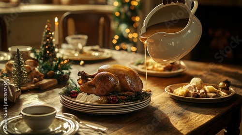Fototapeta Naklejka Na Ścianę i Meble -  a gravy boat pouring gravy over a Christmas turkey roast dinner banquet on a rustic kitchen table.