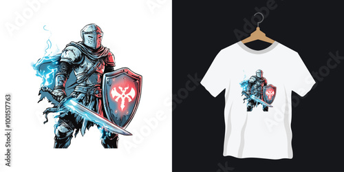 The T-shirt design with a medieval knight with a gaming controller as a shield and a sword made of glowing energy