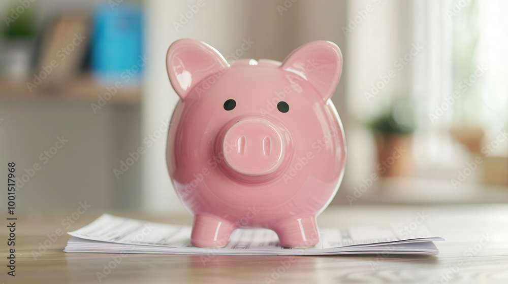 Child's piggy bank surrounded by unpaid bills, representing the burden of parental debt and its lasting impact on family finances and future generations Child's piggy bank surrounded by unpaid bills, representing the burden of parental debt and its lasting impact on family finances and future generations