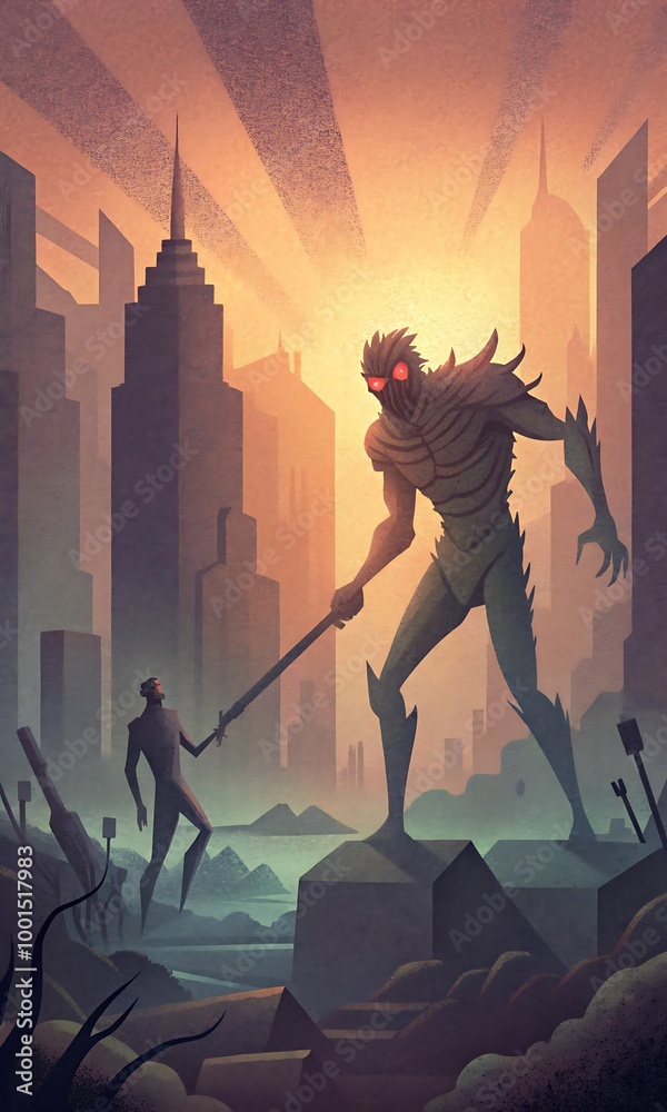 Naklejka premium A post-apocalyptic fight between a survivor and a creature in the ruins of a city