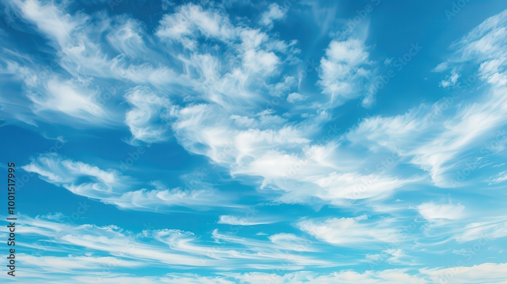 Fototapeta premium Serene Blue Sky with Fluffy Clouds, a tranquil scene featuring a vivid azure backdrop and soft, wispy clouds, ideal for commercial use and calming visual appeal.