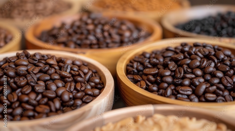 Cozy coffee shop with an inviting display of various coffee beans, showcasing unique blends and aromas in a warm, welcoming atmosphere. Cozy coffee shop with an inviting display of various coffee beans, showcasing unique blends and aromas in a warm, welcoming atmosphere.