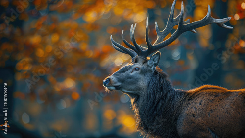 Portrait of a young stag with velvet antlers in a colorful autumn forest photo