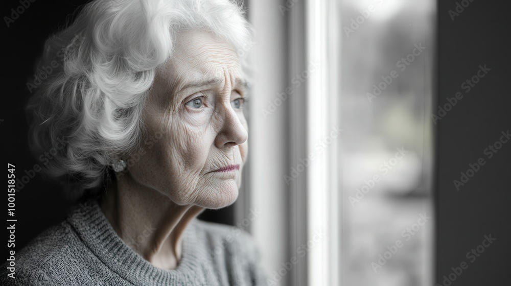Reflective Solitude, an elderly woman gazes through a window, deep in thought, enveloped in gentle light, conveying the profound emotional struggle of dementia. Reflective Solitude, an elderly woman gazes through a window, deep in thought, enveloped in gentle light, conveying the profound emotional struggle of dementia.