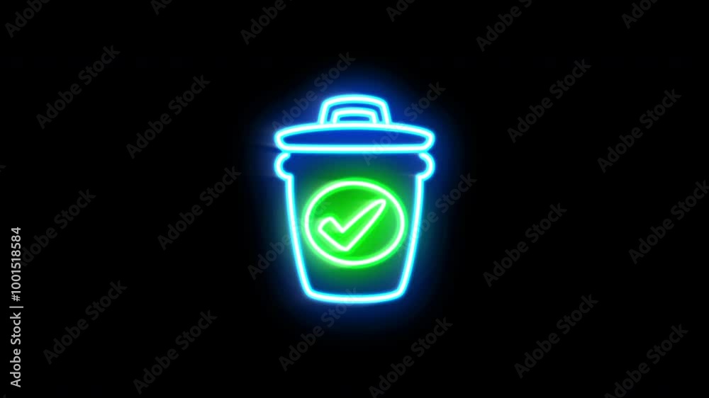 The blinking neon light of trash with correct mark icon in the black background. The blinking neon light of trash with correct mark icon in the black background.