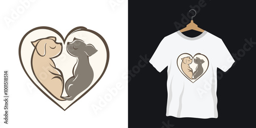 A heartwarming vector logo of a dog and cat snuggling together for t-shirt design