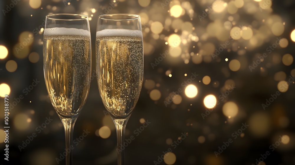 Celebratory Champagne Glasses at Midnight with Fireworks Celebratory Champagne Glasses at Midnight with Fireworks