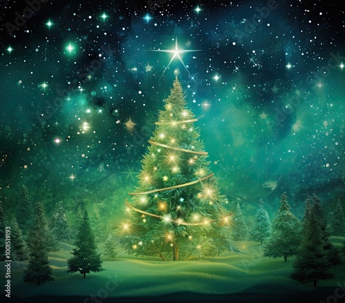 Sparkling like stars glitter green christmas tree, ombre colorful lumination christmas night background photo