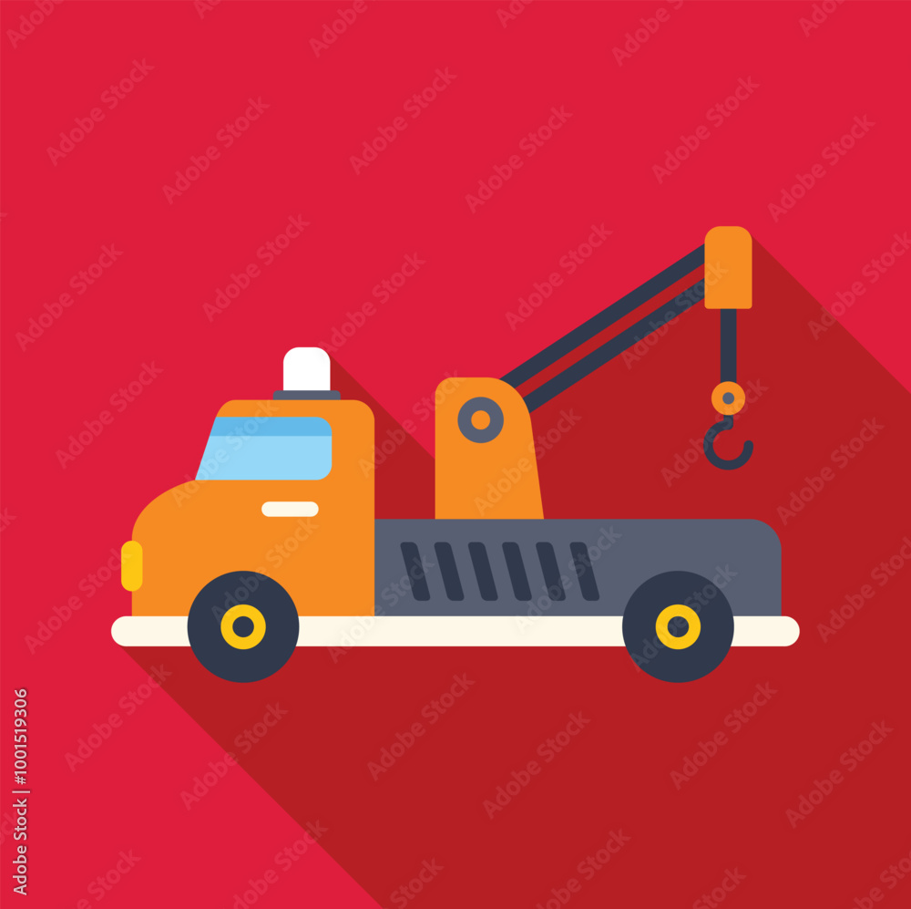 Simple vector illustration of a tow truck with a hook lifting mechanism, depicted in a flat design style with long shadows Simple vector illustration of a tow truck with a hook lifting mechanism, depicted in a flat design style with long shadows