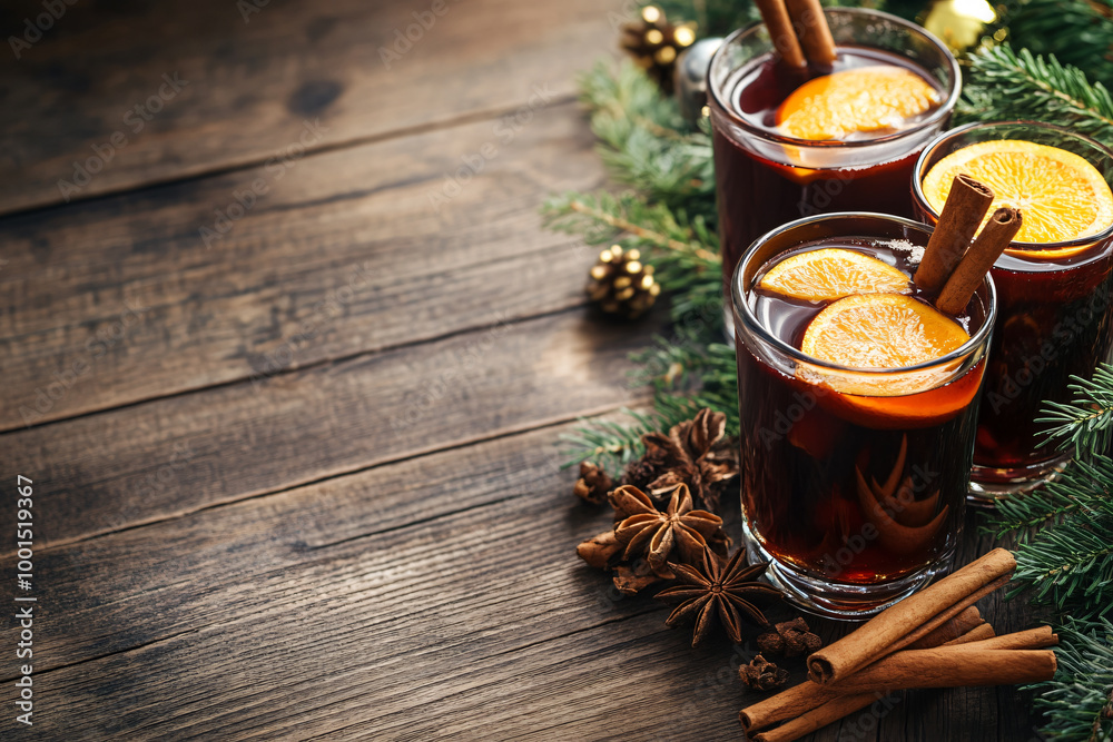 Christmas mulled wine with spices and orange slices on rustic table, traditional drink on winter and festive holiday, magic light. Generative AI Christmas mulled wine with spices and orange slices on rustic table, traditional drink on winter and festive holiday, magic light. Generative AI