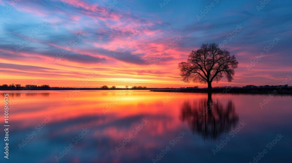 Fototapeta premium Vibrant Sunset Reflections Over a Serene Lake, a breathtaking display of colors dances on water, framed by a solitary tree, creating a peaceful and calming atmosphere.
