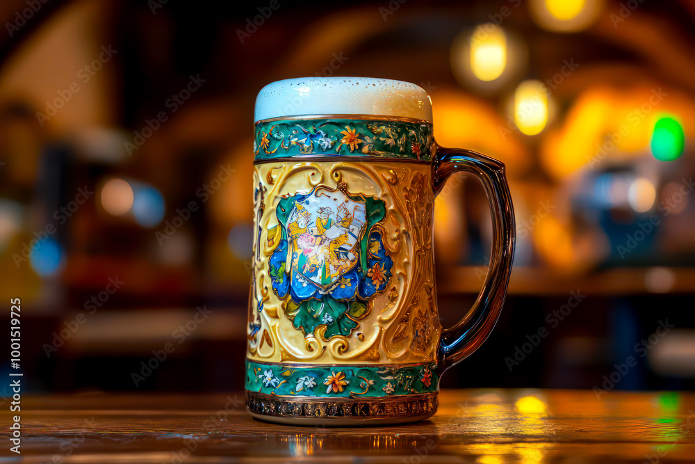 A beer stein with a traditional Bavarian design. 