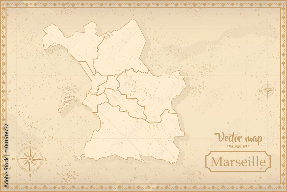 Obraz premium Map of Marseille in the old style, brown graphics in retro fantasy style. city in France.