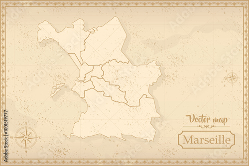 Map of Marseille in the old style, brown graphics in retro fantasy style. city in France.