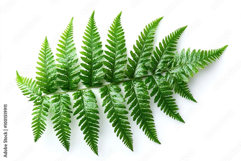 Close-up of a vibrant green fern frond isolated on a white background. Close-up of a vibrant green fern frond isolated on a white background.