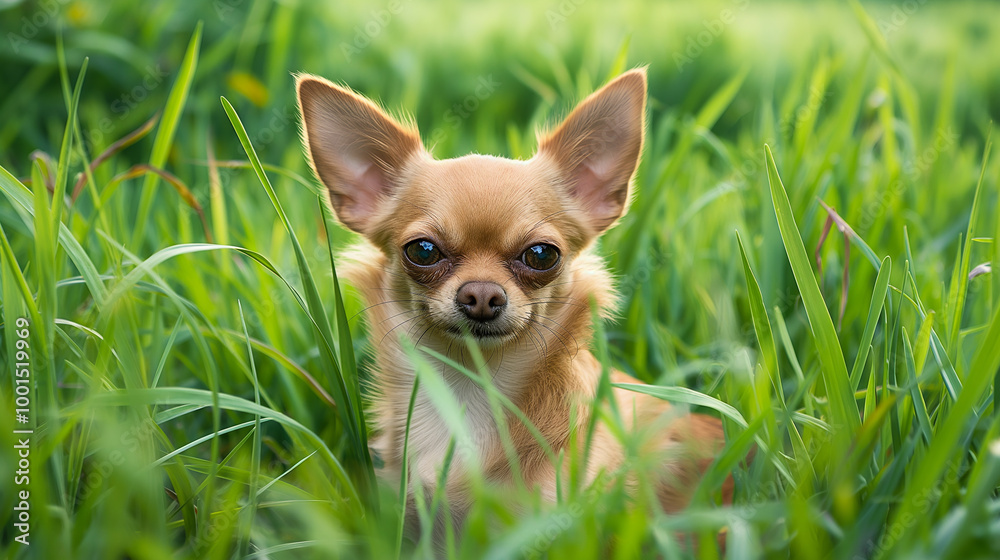 Adorable cute chihuahua puppy dog with big ears and brown fur sitting in green grass outdoors Adorable cute chihuahua puppy dog with big ears and brown fur sitting in green grass outdoors