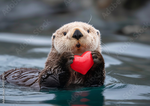Fototapeta Naklejka Na Ścianę i Meble -  Cute otter holding a heart in water, adorable wildlife animal showing love while floating playfully.
