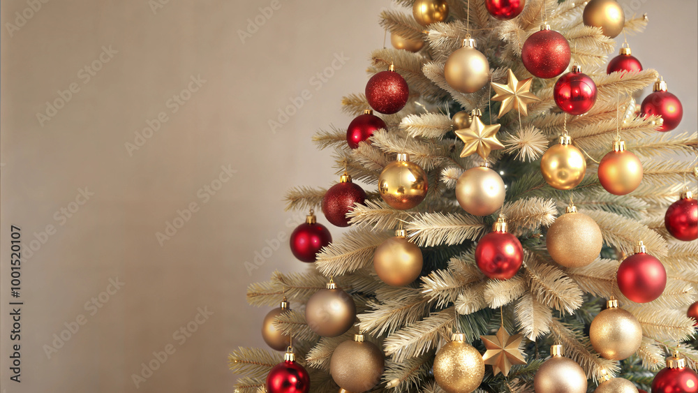 Beautifully decorated Christmas tree with golden and red ornaments for festive celebration
Beautifully decorated Christmas tree with golden and red ornaments for festive celebration