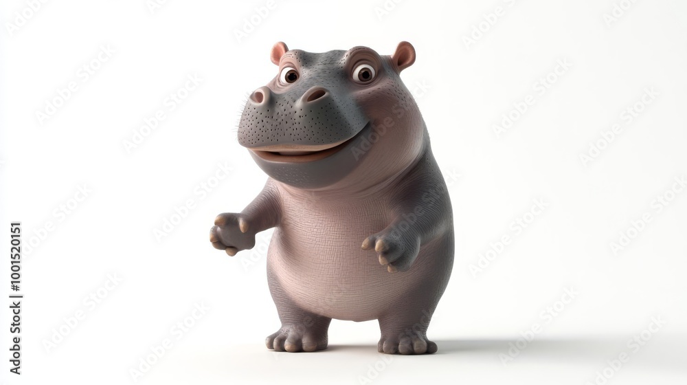 Cute 3D rendering of a smiling cartoon hippo standing on a white background, perfect for children's content and educational materials. Cute 3D rendering of a smiling cartoon hippo standing on a white background, perfect for children's content and educational materials.