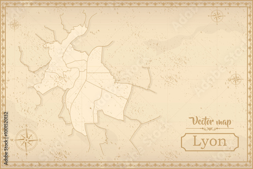 Map of Lyon in the old style, brown graphics in retro fantasy style. city in France.