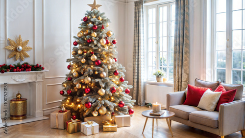 Festively decorated Christmas tree in a cozy living room with presents