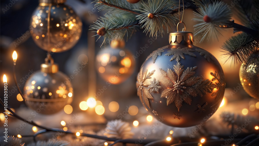 Christmas ornaments with warm glow in a festive setting Christmas ornaments with warm glow in a festive setting