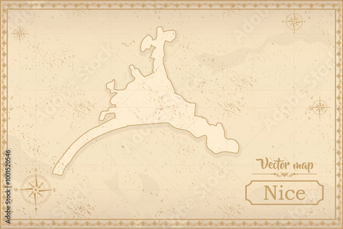 Map of Nice in the old style, brown graphics in retro fantasy style. city in France.