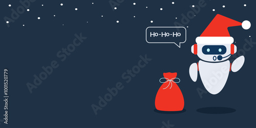 Robot chat bot wishes Happy New Year and Christmas. Technology and AI content generator. Customer care. Space for text dark background.