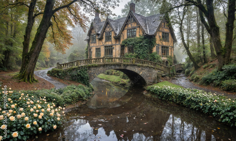 A stone bridge arches over a stream flowing through a lush, misty forest, leading to a charming house with ivy climbing its walls A stone bridge arches over a stream flowing through a lush, misty forest, leading to a charming house with ivy climbing its walls