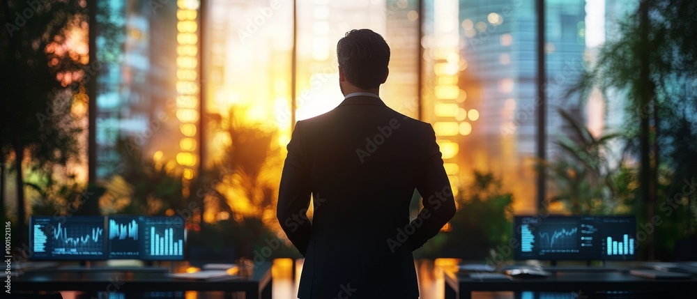A silhouette of a businessman gazes at a vibrant city skyline during sunset, surrounded by digital graphs and greenery. A silhouette of a businessman gazes at a vibrant city skyline during sunset, surrounded by digital graphs and greenery.