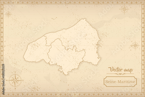 Map of Seine-Maritime in the old style, brown graphics in retro fantasy style. city in France.