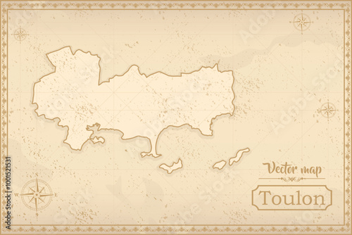 Map of Toulon in the old style, brown graphics in retro fantasy style. city in France.