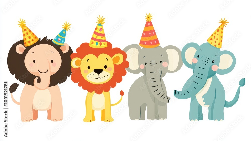 Fototapeta premium A lion, elephant, and monkey joyfully wear festive party hats at a cheerful celebration