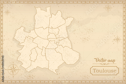 Map of Toulouse in the old style, brown graphics in retro fantasy style. city in France.