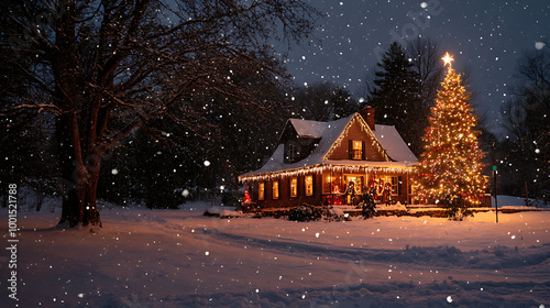 Christmas tree in front of a wooden house in the village at night