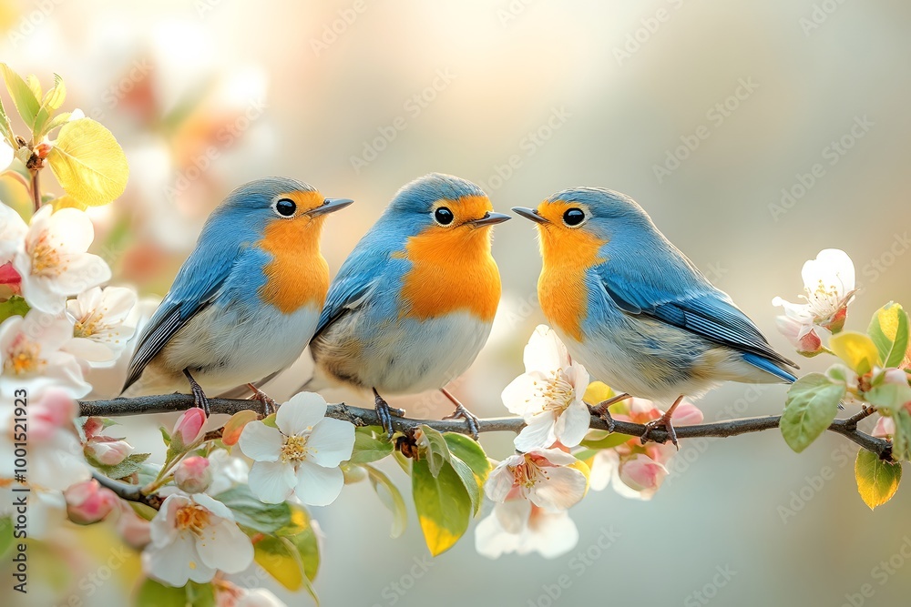 Obraz premium Family Of Birds Sitting On A Delicate Branch
